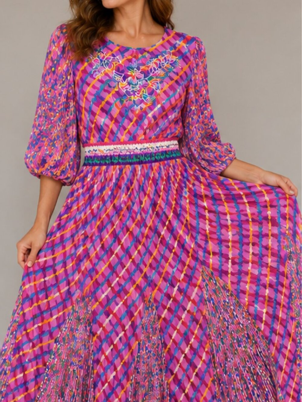 Rare Vintage 1980s Diane Freis Georgette Floral Pleated Maxi Dress – Size M